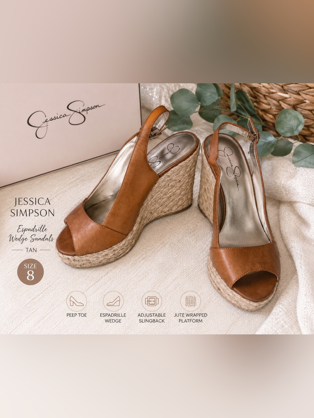 Jessica Simpson Tan Espadrille Wedge Sandals | Size 8